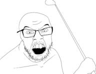 glasses golf golf_club hand holding_object mustache open_mouth soyjak stubble variant:feraljak // 1932x1504 // 153.1KB