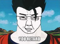 anime closed_mouth dragon_ball dragon_ball_z glasses gohan hair impact_font meme retard smile smug soyjak subvariant:chuddy text variant:chudjak // 666x497 // 38.5KB