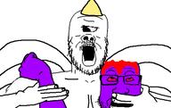 2soyjaks arm eating hand holding_object horn looking_down mustache one_eye one_eyed_one_horned_flying_purple_people_eater open_mouth purple_skin soyjak stubble variant:a24_slowburn_soyjak variant:markiplier_soyjak wing // 540x340 // 25.3KB