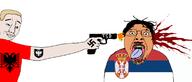 albania blood blue_eyes country flag flag:albania flag:serbia glasses gun murder mustache open_mouth reichsadler serbia smug stubble swastika tongue variant:bernd variant:chudjak yellow_hair yellow_teeth // 1672x717 // 487.2KB