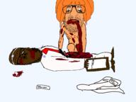 beard blood blue_eyes clipboard clothes doctor dr_soyberg full_body glasses gore mustache mymy ongezellig orange_hair orange_skin soyjak stubble text tranny variant:a24_slowburn_soyjak variant:israeli_soyjak // 1590x1194 // 130.9KB