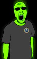 angry arm central_intelligence_agency clothes glasses glowing green_skin open_mouth soyjak stubble sunglasses trend:glowie tshirt variant:tewi // 357x563 // 59.4KB