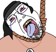 ack anti_soytan avengers beanie bloodshot_eyes blue_eyes clothes female glasses hair hanging merge necklace open_mouth rope soyjak stubble tongue total_sloptran_death variant:bernd variant:soytan yellow_teeth // 768x719 // 41.7KB