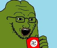 amphibian animal blue_background fat finger flag:nazi_germany frog glasses green_skin groyper hand holding_mug holding_object lips mug nas:pepe nazi_flag nazism open_mouth pepe_the_frog soyjak stubble subnas:groyper swastika variant:soyak // 422x355 // 4.3KB