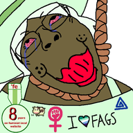 ack award badge bloodshot_eyes boylover_symbol brown_skin cafecuck clothes cow crying crystal_cafe female femcel feminism feminist flag:gay_pride_flag green_hair green_hat hanging hat heart i_love lol lolcow lolcow_farm noose pedophile red_lips rope shitskin subvariant:bridget suicide text trend:slopjak variant:bernd variant:gapejak // 768x768 // 44.7KB