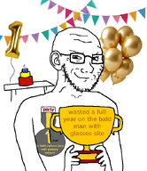 anniversary award bald balloon cake closed_mouth ear glasses holding_object meta:op_took_a_selfie_of_xerself party smile smug stubble subvariant:soyak_(smug) trophy variant:soyak // 600x693 // 124.1KB