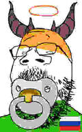 baby caca demon demon_horns flag:india flag:russia glasses halo horn no_pupils pacifier soyjak stubble subvariant:babyjak variant:gapejak white_background // 250x400 // 5.3KB