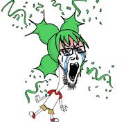 4chan anime bloodshot_eyes clothes crying full_body glasses green_hair hair jump open_mouth redraw soyjak stretched_mouth stubble tshirt variant:soyak yotsoyba // 816x749 // 143.5KB