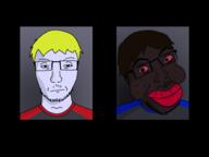 aryan blue_shirt comparison glasses jartycuck looking_at_you nate nigger red_eyes red_lips red_shirt soyjak soyteen splintercuck stubble variant:unknown yellow_hair // 1440x1080 // 89.4KB