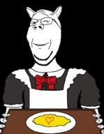 arm bowtie cat_ear clothes dress ear food glasses hand heart holding_object maid plate smile soyjak stubble subvariant:wholesome_soyjak variant:gapejak wink // 768x987 // 105.8KB