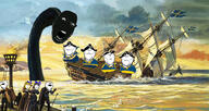 angry art bowtie brown_hair closed_mouth clothes frown glasses hair hat monster multiple_soyjaks open_mouth pirate ship smile soyjak stubble subvariant:gapejak_female sweden variant:cobson variant:gapejak variant:impish_soyak_ears yellow_hair // 900x477 // 515.5KB