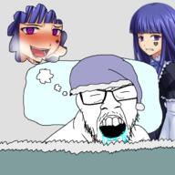 anime bernkastel blanket blush bwc closed_eyes clothes drool glasses hat mustache nightcap open_mouth queen_of_hearts sleeping soyjak stubble umineko variant:feraljak video_game // 1628x1628 // 862.9KB