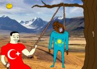 Kazakh asian brown_skin country countrywar flag flag:kazakhstan flag:turkiye full_body glasses hanged hanging holding_object irl irl_background kazakhnigger kazakhstan meta:tagme mountain muscles open_mouth rope smile stubble tongue total_kaz-ACK_death tree turkiye variant:bernd variant:chudjak variant:soyak yellow_skin // 2100x1500 // 1.9MB