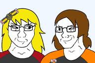 2soyjaks accessory are_you_soying_what_im_soying badge bow brown_hair daniella girl hair_ribbon kate kate_hikes looking_at_each_other ribbon series:trios_&_duos smug subvariant:soyak_(smug) subvariant:soyak_front transparent_background variant:soyak women yellow_hair // 1200x800 // 54.5KB