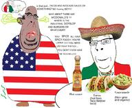 amerimutt angry blond blue_eyes clothes countrywar flag flag:mexico flag:united_states food happy hat hot_sauce mexico subvariant:blobson subvariant:nucob table tacos trend:aryan variant:cobson // 1536x1258 // 408.1KB