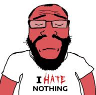 balding beard calm closed_mouth clothes glasses hair i_hate nothing red_skin soyjak subvariant:science_lover text tshirt variant:markiplier_soyjak // 800x789 // 192.4KB