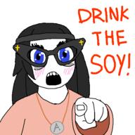 avengers beanie blue_eyes clothes eat_the_bugs female hair hand open_mouth pointing soyjak variant:soytan // 500x500 // 23.9KB