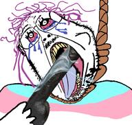 bbc bloodshot_eyes dildo drool glasses hand hanging holding_dildo mustache open_mouth purple_hair rope soybooru soyjak stubble suicide text tongue tranny variant:bernd yellow_teeth // 760x719 // 307.9KB