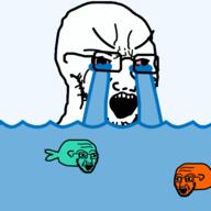 3soyjaks animal animated bloodshot_eyes cry_me_a_river crying fish glasses open_mouth redraw soyjak stubble tail variant:soyak water // 512x512 // 357.6KB