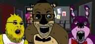 3soyjaks animal animatronic arm bear bib bird blue_eyes bonnie_(fnaf) bowtie brown_skin chica_(fnaf) ear eyelids five_nights_at_freddy's five_nights_at_freddy's_1 freddy_fazbear glasses horror open_mouth pink_eyes purple_skin rabbit snout soyjak stubble variant:bernd variant:el_perro_rabioso variant:fatjak video_game yellow_skin // 1596x748 // 787.2KB