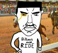 angry arm closed_mouth clothes ear hand hat horse irl_background millions_must_die monocle mustache race subvariant:chudjak_front text variant:chudjak // 410x380, 112.8s // 2.6MB