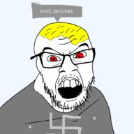 14natehiggers88 angry clothes glasses hair mustache nate nate_higgers nazism open_mouth red_eyes soyjak speech_bubble stubble swastika text variant:feraljak yellow_hair // 1500x1500 // 121.3KB
