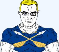 arm aryan blue_eyes buff closed_mouth clothes country county crown dalarna dart ear flag flag:dalarna glasses hair soyjak subvariant:chudjak_front subvariant:muscular_chud sweden transparent_background tshirt variant:chudjak vein yellow_hair // 1059x929 // 94.6KB
