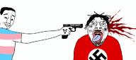 2soyjaks blood chud clothes firearm glasses gun hair holding_gun holding_object holding_pistol lgbt monkeypox nazism open_mouth pistol smile smug soyjak stubble swastika text tongue tranny trans_rights transgender_flag tshirt variant:bernd variant:chudjak weapon yellow_teeth // 1166x515 // 151.1KB