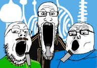 3soyjaks background band black_shirt blue_shirt clothes drawn_background dschinghis_khan glasses green_shirt looking_at_you microphone moscow moskau moustache music_video open_mouth singing stubble teeth trend:soyjak_trio variant:gapejak variant:markiplier_soyjak variant:tony_soprano_soyjak // 828x581 // 240.1KB