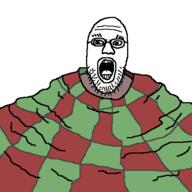 bald blanket eyebrows glasses green open_mouth red soyjak stubble subvariant:blanketjak variant:shirtjak white_teeth wrinkles // 500x500 // 21.7KB