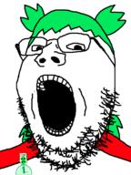 4chan anime artist:xJanny badge clothes glasses green_hair hair open_mouth stubble suba text variant:gapejak yotsoyba // 600x800 // 25.1KB