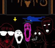 blood cross faith_the_unholy_trinity glass hair open_mouth teeth variant:gapejak variant:markiplier_soyjak variant:tony_soprano_soyjak variant:two_pointing_soyjaks // 704x607 // 65.5KB