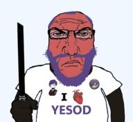 angry arm balding beard closed_mouth clothes glasses holding_object library_of_ruina lobotomy_corporation projectmoon punch punisher_face purple_beard purple_hair red_skin subvariant:science_lover sword text tranny variant:markiplier_soyjak video_game yesod // 1017x935 // 426.7KB