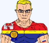 arm award blue_eyes buff castle christianity closed_mouth clothes eastern_orthodox eyes_like_the_o-o-cean flag flag:kaliningrad_oblast flag:russia glasses hair kaliningrad_oblast lithuania lithuanian oblast orthodox_cross poland polish russia soyjak subvariant:chudjak_front subvariant:muscular_chud text transparent transparent_background tshirt variant:chudjak vein yellow_hair // 1059x929 // 86.0KB