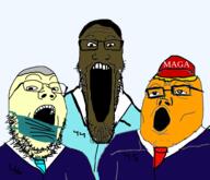 3soyjaks artist:fuck_all_liberals barack_obama black_skin cap clothes donald_trump facemask fal glasses hair hat joe_biden maga necktie open_mouth orange_skin politics president soyjak soyjak_trio stretched_mouth stubble suit united_states variant:gapejak variant:markiplier_soyjak variant:tony_soprano_soyjak white_hair white_skin yellow_hair // 968x832 // 236.2KB