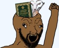 arm beard book brainless brown_skin fist goat hand hands_up islam open_mouth quran rifle soyjak tvrkaryan variant:soyak weapon yellow_teeth // 747x600 // 363.6KB
