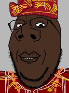 africa beads black_skin bowtie clothes glasses hat large_nose necklace nigeria smile soyjak stubble variant:ronald yoruba // 597x800 // 125.3KB