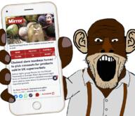bobo_the_sharty_janny ear glasses holding_object holding_phone janny monkey open_mouth phone soyjak stubble suspenders variant:markiplier_soyjak // 796x685 // 463.8KB