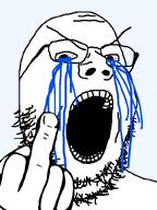 angry bloodshot_eyes crying glasses hand large_eyebrows middle_finger open_mouth soyjak stubble transparent_background variant:gapejak // 600x799 // 26.4KB