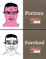 anger_mark angry bloodshot_eyes closed_mouth crying ear fortran glasses hair pink programming smile smug soyjak subvariant:chudjak_front sweating variant:chudjak vein yellow_teeth // 1220x1560 // 969.7KB