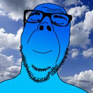 blue_background blue_skin calm closed_eyes closed_mouth glasses sky smile soyjak stubble variant:dubbbzjak // 400x400 // 66.9KB