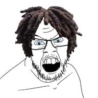a10_eyes angry blue_eyes dreads glasses hair looking_at_you mustache open_mouth soyjak stubble teeth variant:feraljak // 1280x1280 // 575.9KB