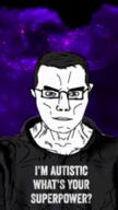 autism black black_shirt blue_eyes cloud flashing_lights galaxy glasses hair hoodie lightning muscles purple stars subvariant:muscular_chud variant:chudjak vein // 240x426 // 235.9KB