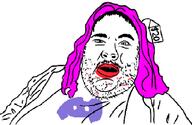 anthony_young clothes discord fat hair lipstick mustache open_mouth purple_hair soyjak stubble tranny variant:unknown wig // 940x610 // 79.6KB
