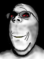 glasses ominous red_eyes shadow smile soyjak stubble subvariant:wholesome_soyjak variant:gapejak yellow_teeth // 600x800 // 287.6KB