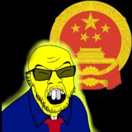 china chinese_ministry_of_state_security clothes earpiece glasses glowie hair mustache necktie open_mouth red_tie soyjak star_(symbol) stubble suit suit_and_tie teeth variant:feraljak yellow yellow_skin // 1388x1388 // 994.8KB
