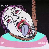 animated black_background bloodshot_eyes crying dead flag glasses hanging music mustache open_mouth purple_hair rope sound soyjak stubble suicide text tongue tranny variant:bernd video yellow_teeth // 600x600, 26.8s // 2.4MB