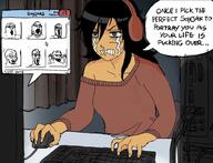 clothes computer crying duel female green_eyes hair hand hands_up headphones maya_(ongezellig) multiple_soyjaks ongezellig open_mouth redraw screen soyjak speech_bubble t-shirt text variant:a24_slowburn_soyjak variant:gapejak variant:markiplier_soyjak variant:soyak variant:tony_soprano_soyjak // 1009x770 // 119.1KB