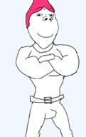 belt buff clothes crossed_arms full_body hair pink_hair shaved smile soyjak subvariant:shrimpish variant:gapejak // 1240x1960 // 56.4KB