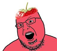 food foodjak fruit glasses open_mouth red_skin soyjak strawberry stubble variant:shotjak // 401x360 // 59.2KB